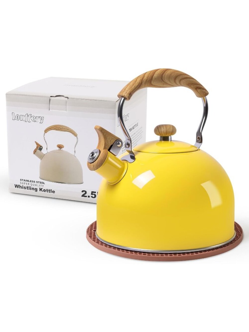 Yellow Kitchen Whistling Tea Kettle 2.5 QT Stainless Steel Wood Folding Handle